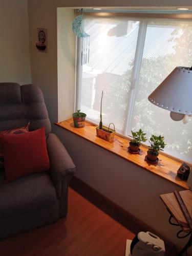 ein Wohnzimmer mit einem Fenster mit Topfpflanzen darauf in der Unterkunft Casa Redonda in Monte Grande