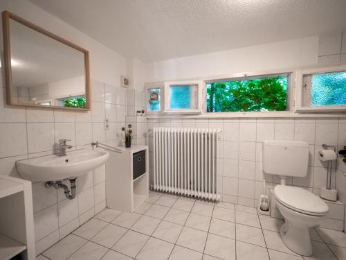 uma casa de banho com um lavatório, um WC e um espelho. em Küsterhaus Gräfrath em Solingen