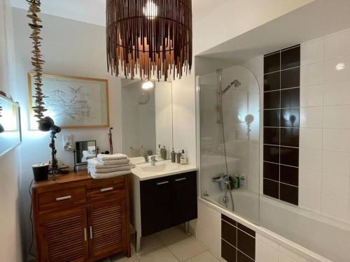 a bathroom with a sink and a shower and a chandelier at T3 de 68m2 avec jardin, à 5mn gare et centre ville in Nantes