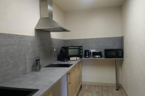 une cuisine avec un évier et une cuisinière four supérieur dans l'établissement La Fricatour au Domaine de Brandeau, à Blasimon