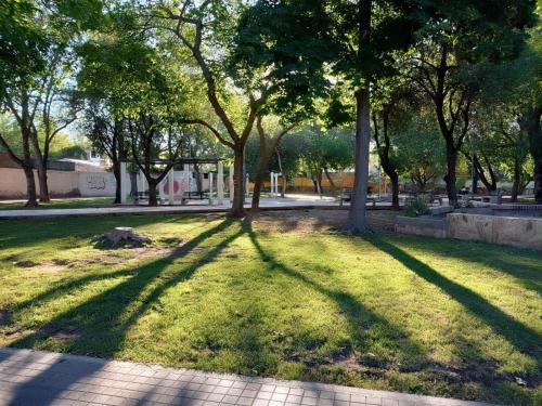 un parque con árboles que proyectan sombras en la hierba en Departamento Ámbar en Godoy Cruz en Godoy Cruz