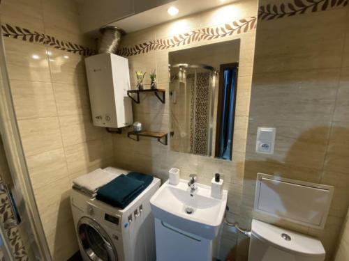 a bathroom with a washing machine and a sink at Apartament ,, Sen i Kawa'' - komfortowy nocleg w sercu aglomeracji in Bytom