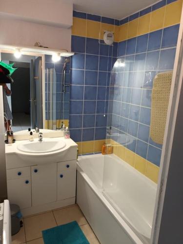 une salle de bain avec une baignoire et un lavabo et une baignoire dans l'établissement Appartement T2, climatisé, wifi, parking et piscine privés, à Sète
