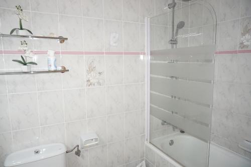 a white bathroom with a shower and a toilet at Casa del Sol in Els Poblets in Els Poblets