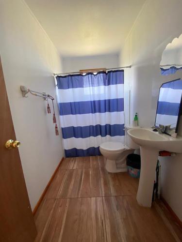a bathroom with a sink and a toilet and a shower at cabañas san antonio in Los Ángeles