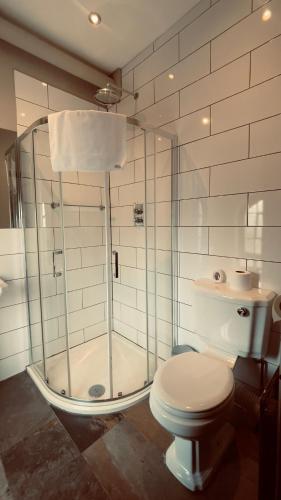 a bathroom with a shower and a toilet and a sink at THE ITALIAN GREYHOUND in Great Glen