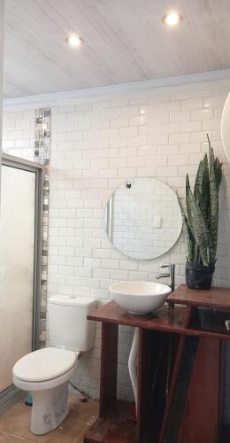 ein Badezimmer mit einem WC, einem Waschbecken und einem Spiegel in der Unterkunft Apartamento esq Rambla y centrico in Montevideo