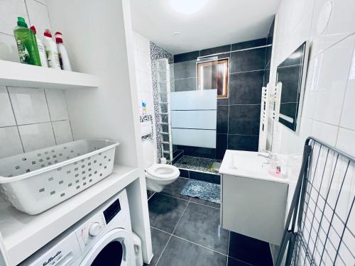 une salle de bain blanche avec un lavabo et des toilettes dans l'établissement La Maisonnette Un Séjour à Part, à Longeville-lès-Metz