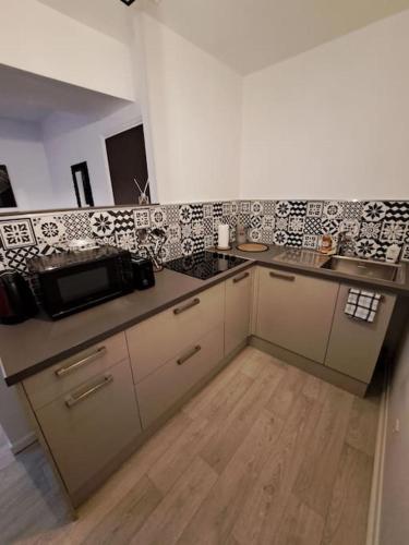 une cuisine avec un évier et un micro-ondes dans l'établissement Confortable Studio Rénové, à Cambrai