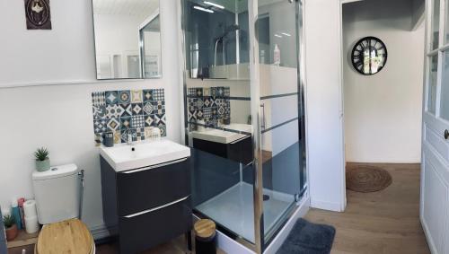 uma casa de banho com um lavatório e um espelho em L'inattendue em Pierrefonds