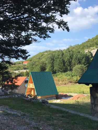 a house with a green roof in a field at Nice&cosy cabin in Cetinje
