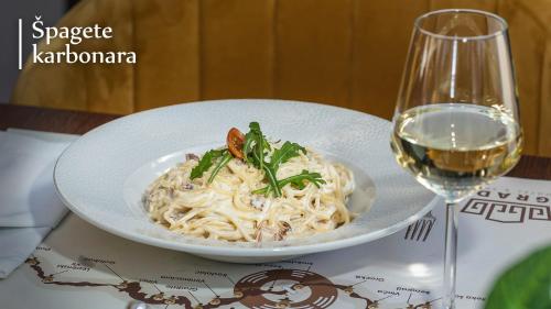 a plate of pasta and a glass of wine at Hotel Spa Grad in Kovin