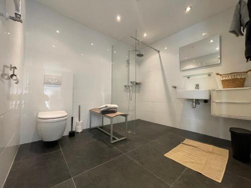 uma casa de banho com um chuveiro, um WC e um lavatório. em Unieke loft uitzicht water em Sneek