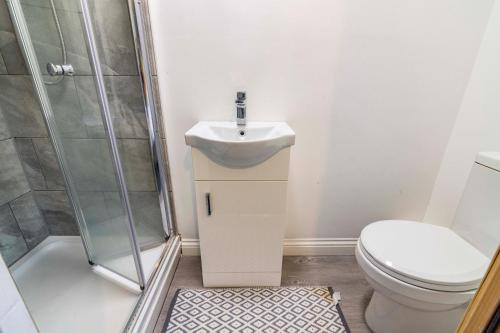 La salle de bains est pourvue de toilettes, d'un lavabo et d'une douche. dans l'établissement 3 bed home corporate & contractor House private parking close to city Nottingham city centre, à Nottingham