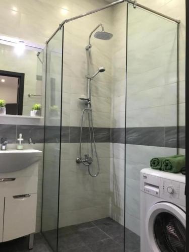 a shower with a glass door in a bathroom at Ameri Plaza Green Apartments in Tbilisi City