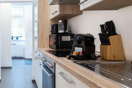 ウィーンにあるOrestaLiving - Spacious 2BR on the Danube Canalの電子レンジ付きのカウンタートップを備えたキッチン