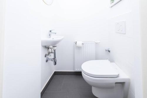 ウィーンにあるOrestaLiving - Spacious 2BR on the Danube Canalのトイレと洗面台を備えた白いバスルーム