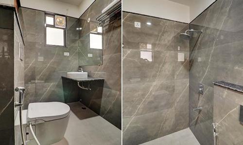 two pictures of a bathroom with a toilet and a shower at KJ homes in Lucknow