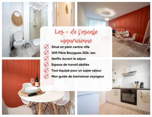 uma colagem de fotos de uma cozinha e um quarto em L'escale mauricienne em Chalon-sur-Saône