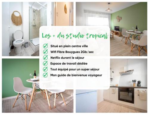 eine Collage mit Fotos von einer Küche und einem Zimmer in der Unterkunft Le studio tropical in Chalon-sur-Saône