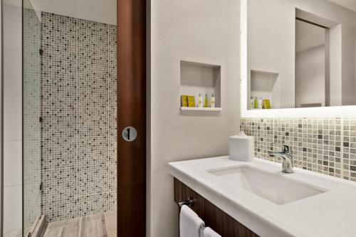 een badkamer met een wastafel en een douche bij Hampton Inn By Hilton Monterrey Apodaca in Monterrey