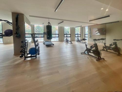 - une salle de sport avec plusieurs tapis de course et vélos d'exercice dans l'établissement Mitika Cultura movilidad y tranquilidad, à Bogotá