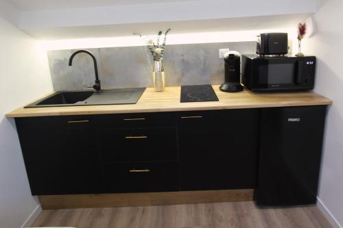 un comptoir de cuisine avec un évier et un micro-ondes dans l'établissement Le Green : Studio centre-ville*proche gare*parking, à Vesoul