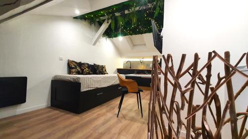 ein Schlafzimmer mit einem Bett und einem Schreibtisch in einem Zimmer in der Unterkunft Le Green : Studio centre-ville*proche gare*parking in Vesoul