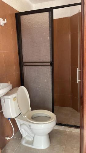 a bathroom with a toilet and a shower at Hotel Ikawa in La Loma