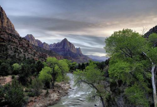 a river in a canyon with trees and mountains at Bunkhouse 8B In Natural Setting in La Verkin