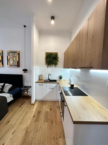 a kitchen with white cabinets and a counter top at Apartamenty Dream Place in Toruń