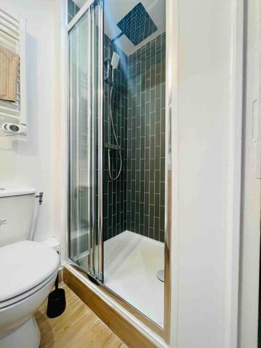 une salle de bain avec une douche en verre et des toilettes dans l'établissement Les Orchidées, à Rouen