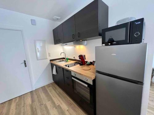 une cuisine avec un réfrigérateur en acier inoxydable et un micro-ondes dans l'établissement Appartement Climatisé / Centre-ville / 2 personnes, à Besançon