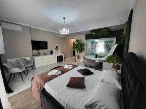 a bedroom with a large bed and a living room at Studio Casa del Mar - Mathi in Mamaia