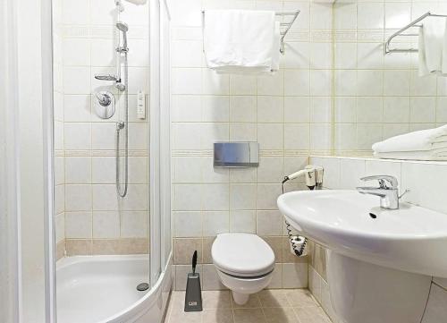 uma casa de banho com um WC, um lavatório e um chuveiro em Amore Mio Stare Miasto Apartamenty em Elblag