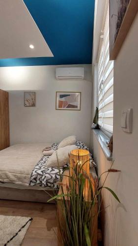 une chambre avec un lit avec un plafond bleu dans l'établissement Apartman Jereza Prijedor, à Prijedor