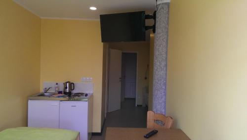a room with a kitchen and a small kitchen with a counter at Humboldtruh in Weitersburg