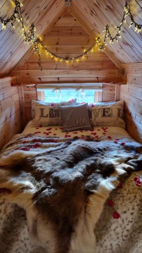 um quarto com uma cama num quarto com luzes em The Cabin at Ashleigh House em Gaerwen