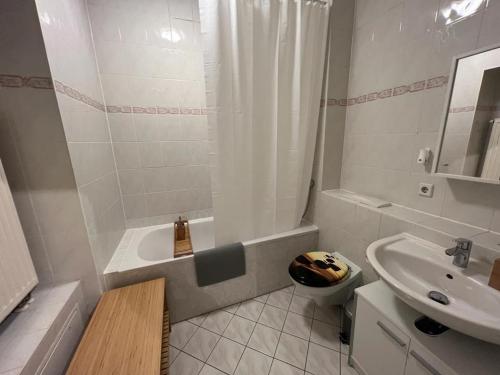 La salle de bains est pourvue d'un lavabo, d'une douche et de toilettes. dans l'établissement Ruby-Apartment **Zentrumsnah*Balkon**, à Leipzig