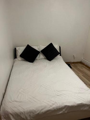 ein weißes Bett mit zwei schwarzen Kissen darauf in der Unterkunft Le clos Petite Venise in Colmar