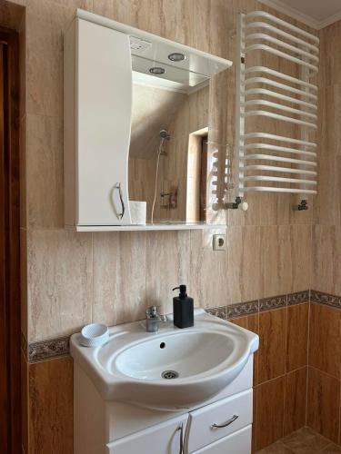 a bathroom with a white sink and a mirror at Silence in Mykulychyn