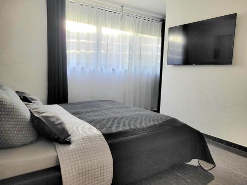 a bedroom with a bed with a window and a television at Luxury Appartement Marz, Europa Park-Rulantica in Mahlberg