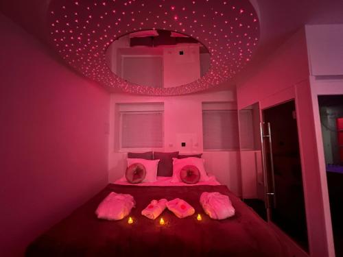 - une chambre rose avec un lit à éclairage rose dans l'établissement Metz Détente Un Séjour à Part, à Metz