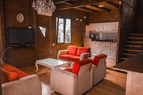 a living room with red chairs and a television at Park cottage Mtirala National Park in Ch'ak'vist'avi
