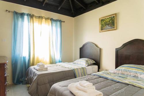 1 dormitorio con 2 camas y una ventana con cortinas azules en Cabaña Papaya: 3br 2bth Retreat!!, en Falmouth