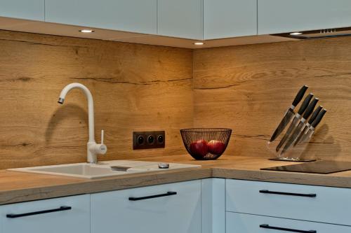 a kitchen with a sink and a wooden wall at Apartamenty Belni Hel Edyta i Maciej Wolak in Hel