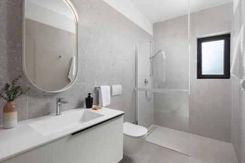 W łazience znajduje się umywalka, toaleta i lustro. w obiekcie Villa Vesna - Premium Collection w mieście Sveti Petar u Šumi