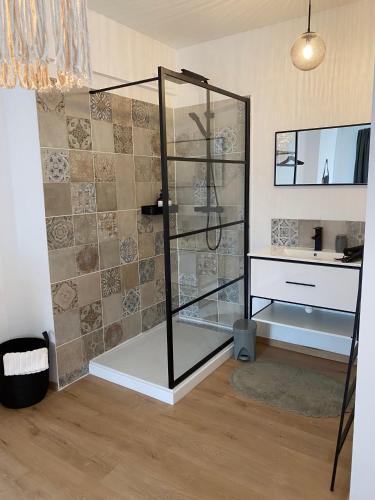 a bathroom with a glass shower with a sink at Cosy Alba plein centre Visé in Visé
