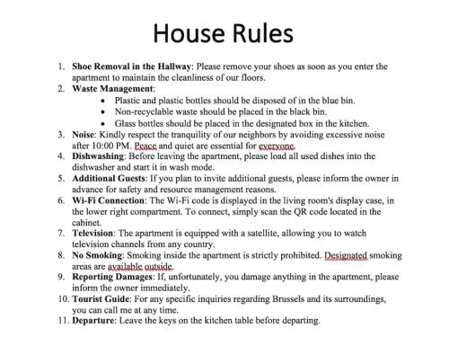 strona dokumentu ze słowami zasady domu w obiekcie Appartement Brussels Expo Atomium w mieście Grimbergen