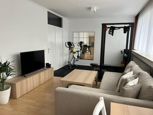 a living room with a couch and a flat screen tv at Appartement Brussels Expo Atomium in Grimbergen